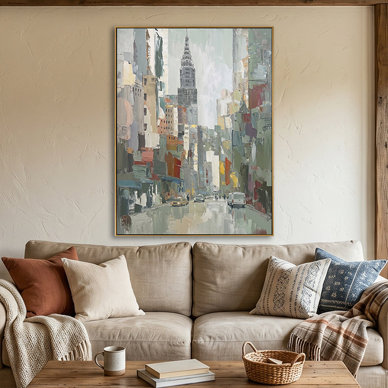 Hand-painted Chrysler Building NYC art in sage green and grey above a beige sofa in a cozy living room.