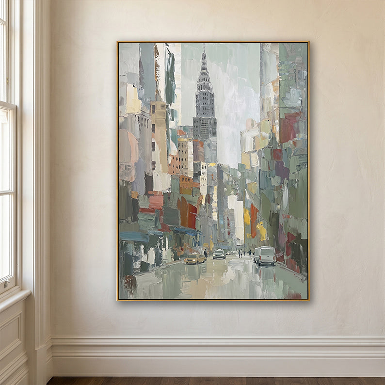 Detailed view of a textured NYC skyscraper painting on a clean white wall with classic molding.
