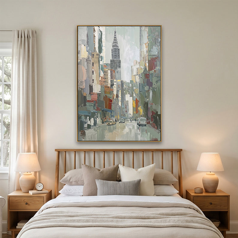 Minimalist bedroom interior featuring a large vertical NYC cityscape above a bed with neutral linens.