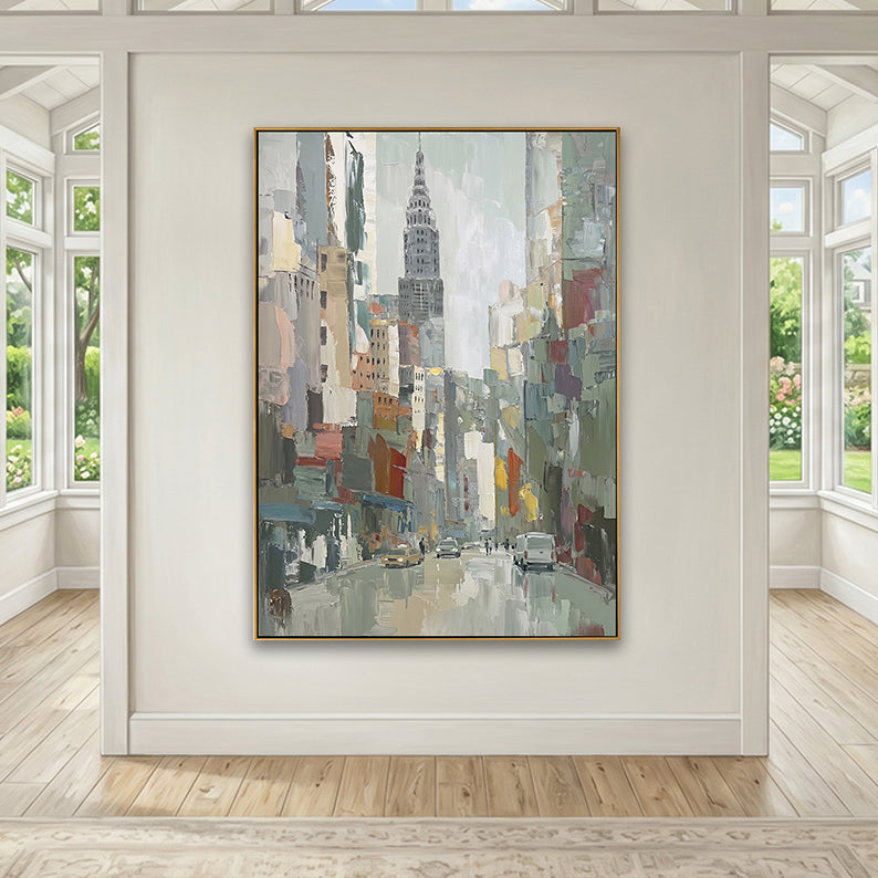 Spacious sunlit room with hardwood floors and a striking NYC architecture painting on a central gallery wall.