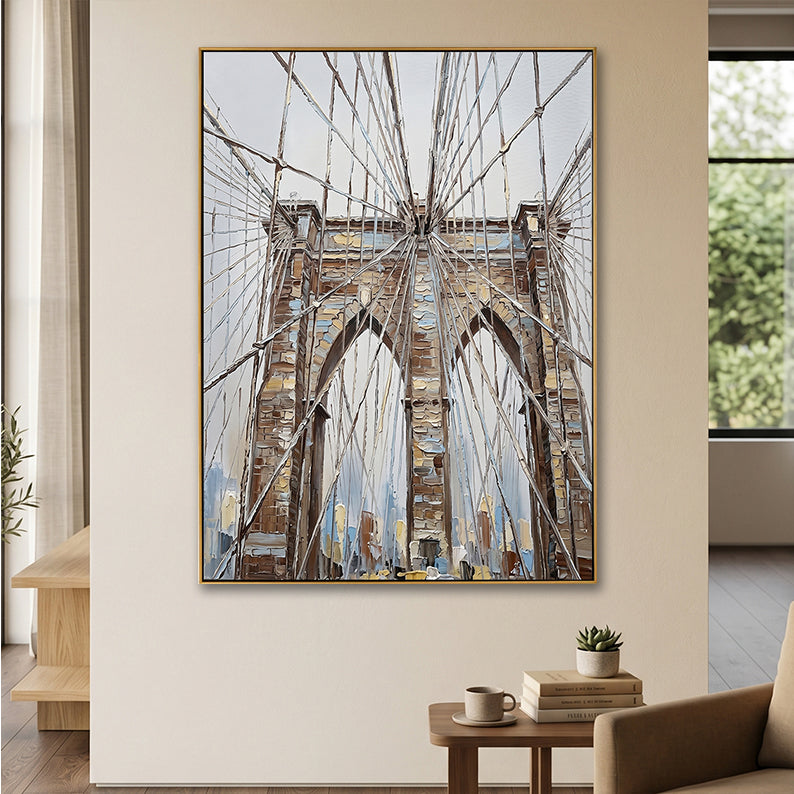 Close-up of an abstract Brooklyn Bridge cable painting in a sunlit modern entryway.
