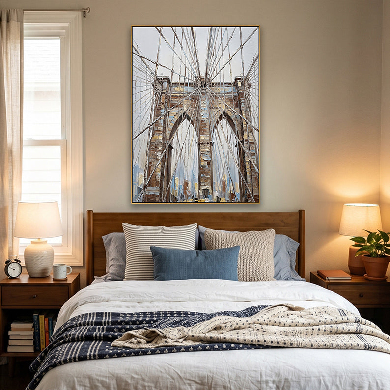Serene bedroom decor with a wooden headboard and hand-painted Brooklyn Bridge art as the focal point.