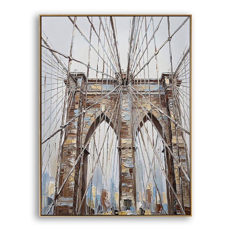 High-resolution product shot of the Brooklyn Bridge painting showing heavy palette knife texture on the suspension cables.