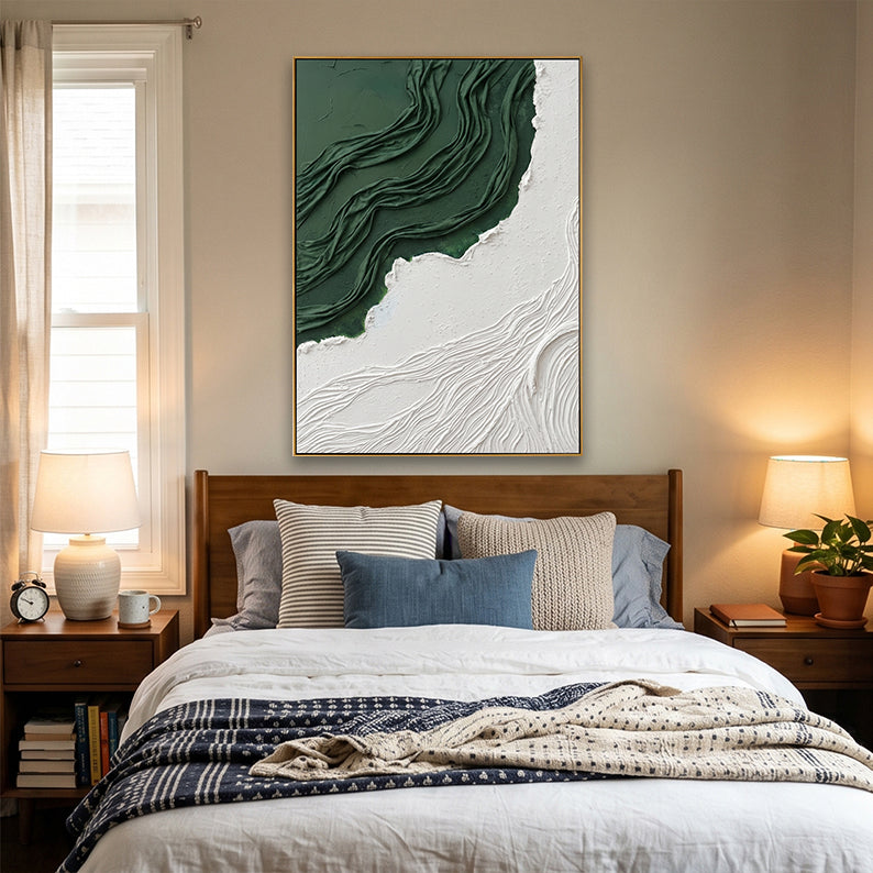 Serene master bedroom with a wooden headboard and a bold emerald green abstract 3D painting.