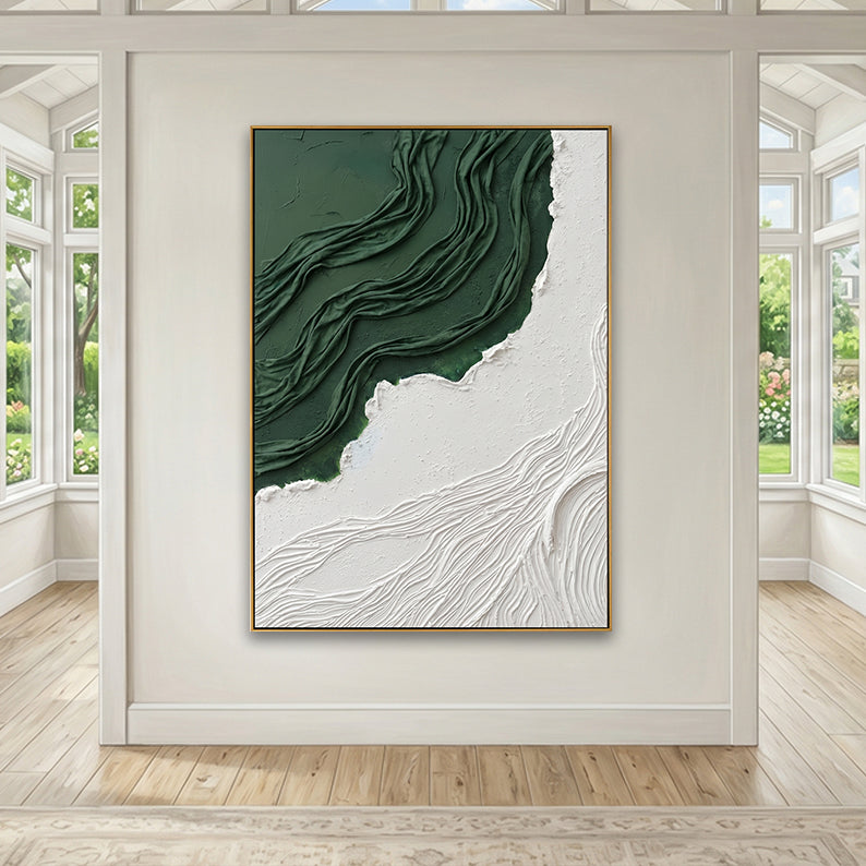 Spacious gallery-style room with hardwood floors featuring a large minimalist 3D painting on the center wall.