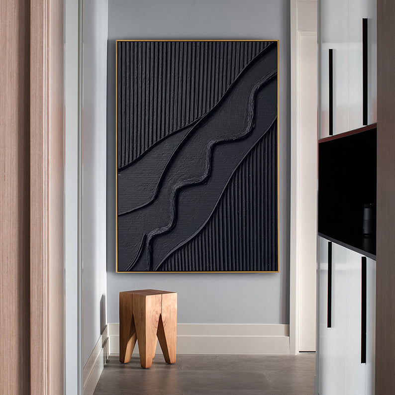 Minimalist green and white sculptural painting featured in a bright open-concept kitchen and lounge area.