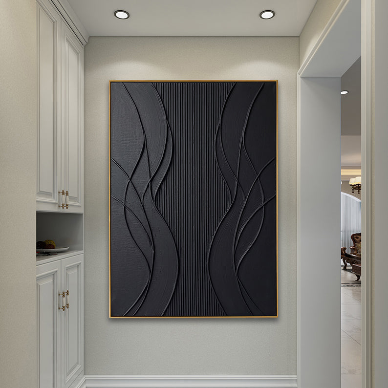 Vertical monochrome relief painting in a white-toned entryway with classic cabinetry.