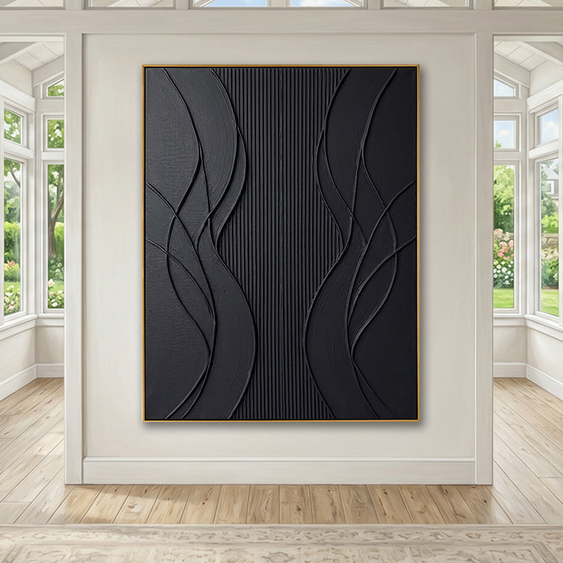 Abstract black wavy line painting in a spacious sunroom with large windows and garden views.