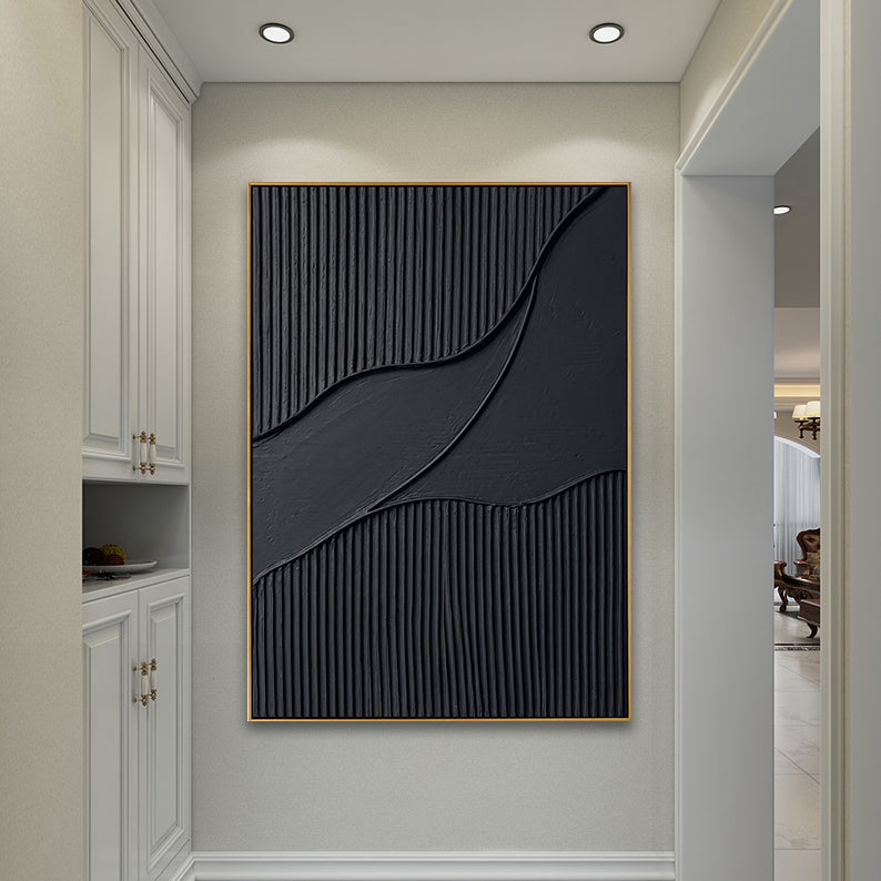 Hand-painted black abstract canvas with wavy textures featured in a clean white interior corridor.