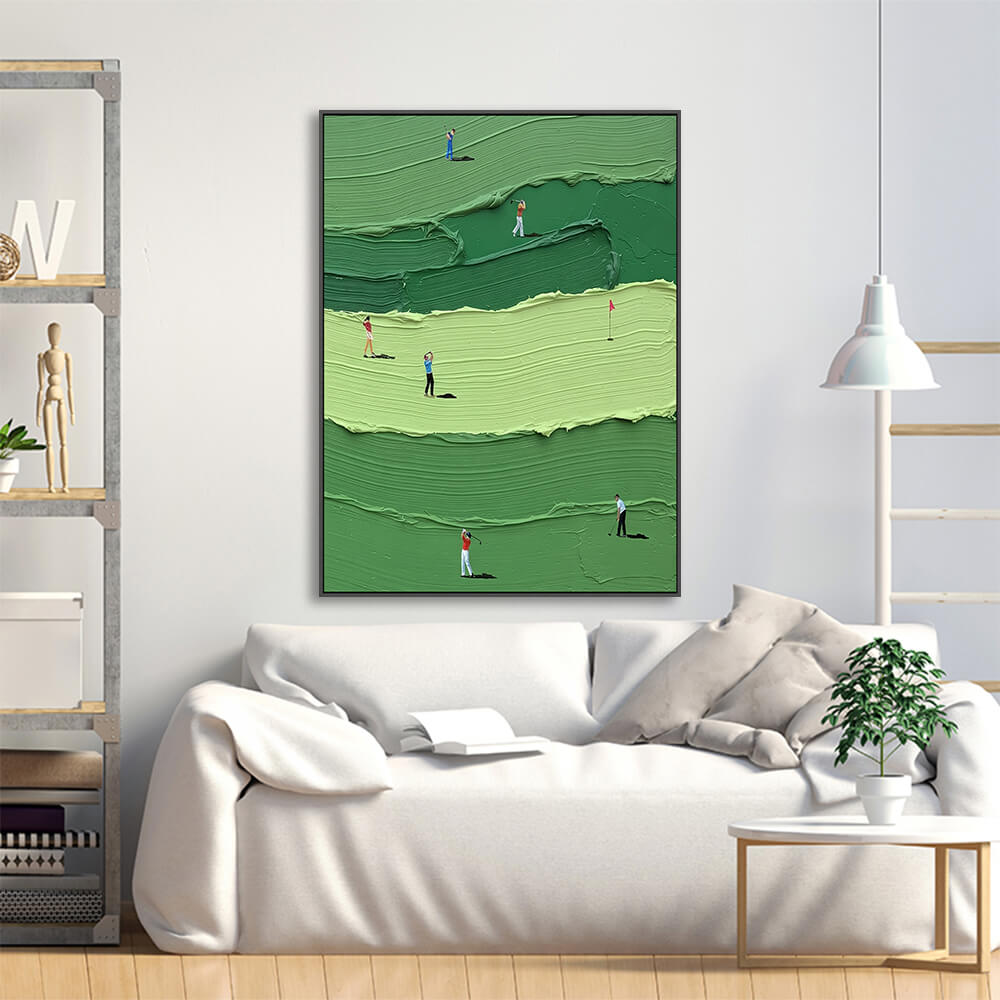 Layered golf turf artwork arranged above linen sofa for casual living room styling