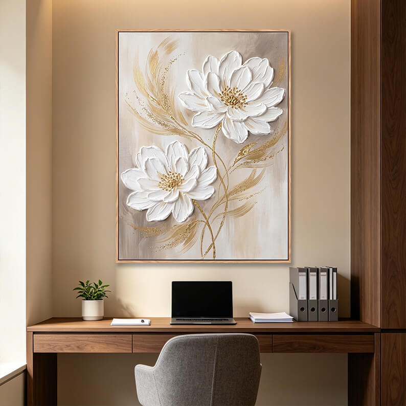 Hand painted vertical white and gold flower painting in modern home office, 3D impasto floral artwork above wooden desk with laptop