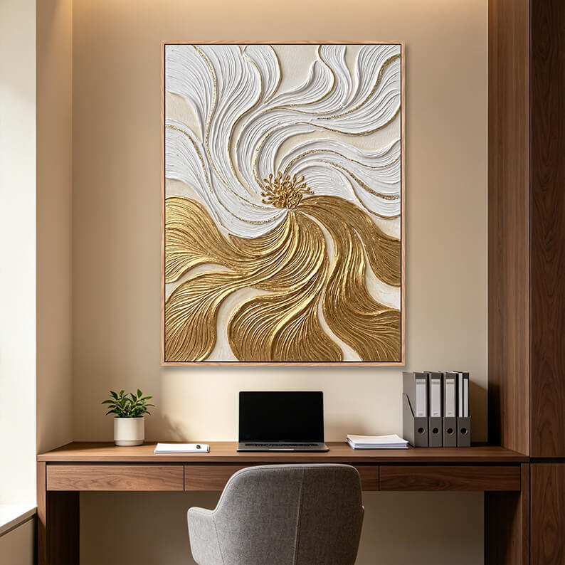 Hand painted vertical wall art in modern home office, swirling abstract flower with white and gold textured petals above wooden desk, heavy impasto oil painting decor