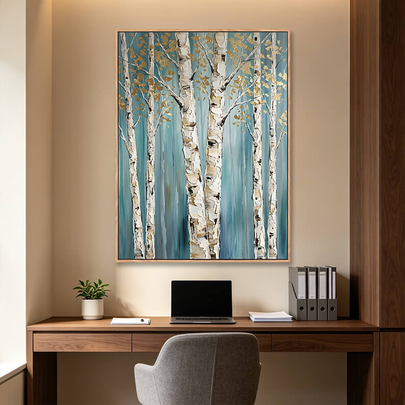 Hand painted vertical birch tree forest painting with gold leaves in modern home office, 3D impasto landscape artwork above wooden desk