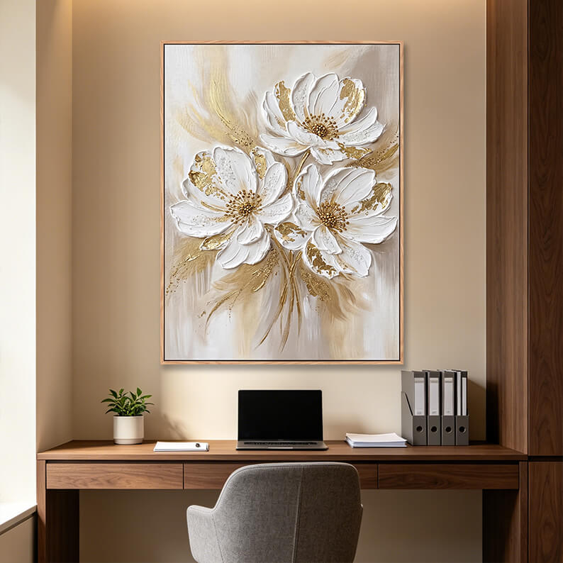 Hand painted vertical three white flowers painting with gold foil in modern home office, 3D impasto floral artwork above wooden desk with laptop