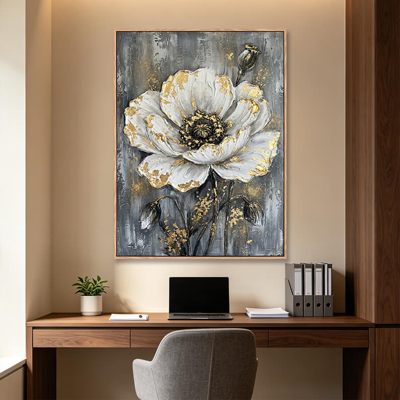 Hand painted vertical white and gold poppy painting on grey background in modern home office, 3D impasto floral artwork above wooden desk
