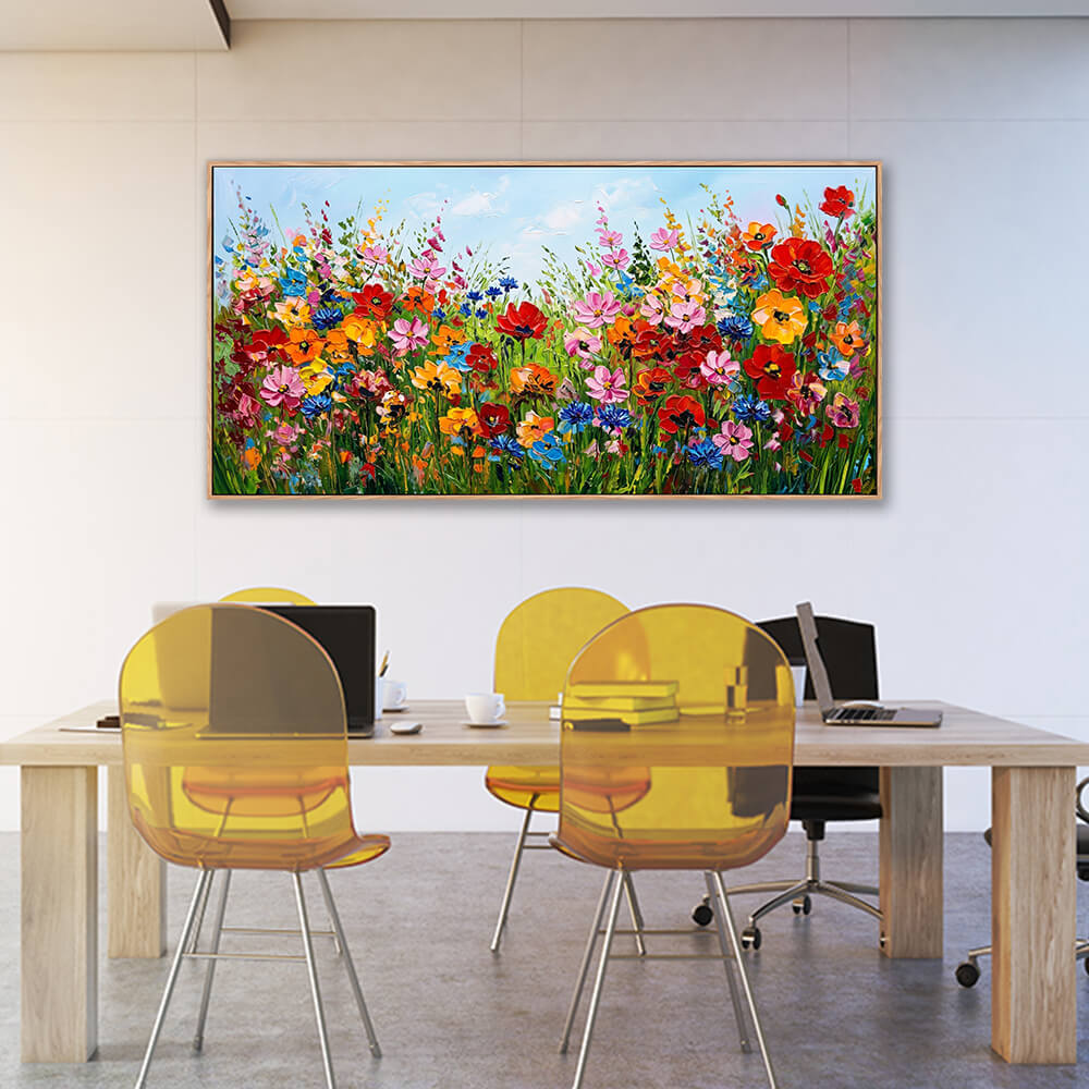 Panoramic modern impressionist landscape canvas featuring colorful wildflowers and realistic impasto texture.