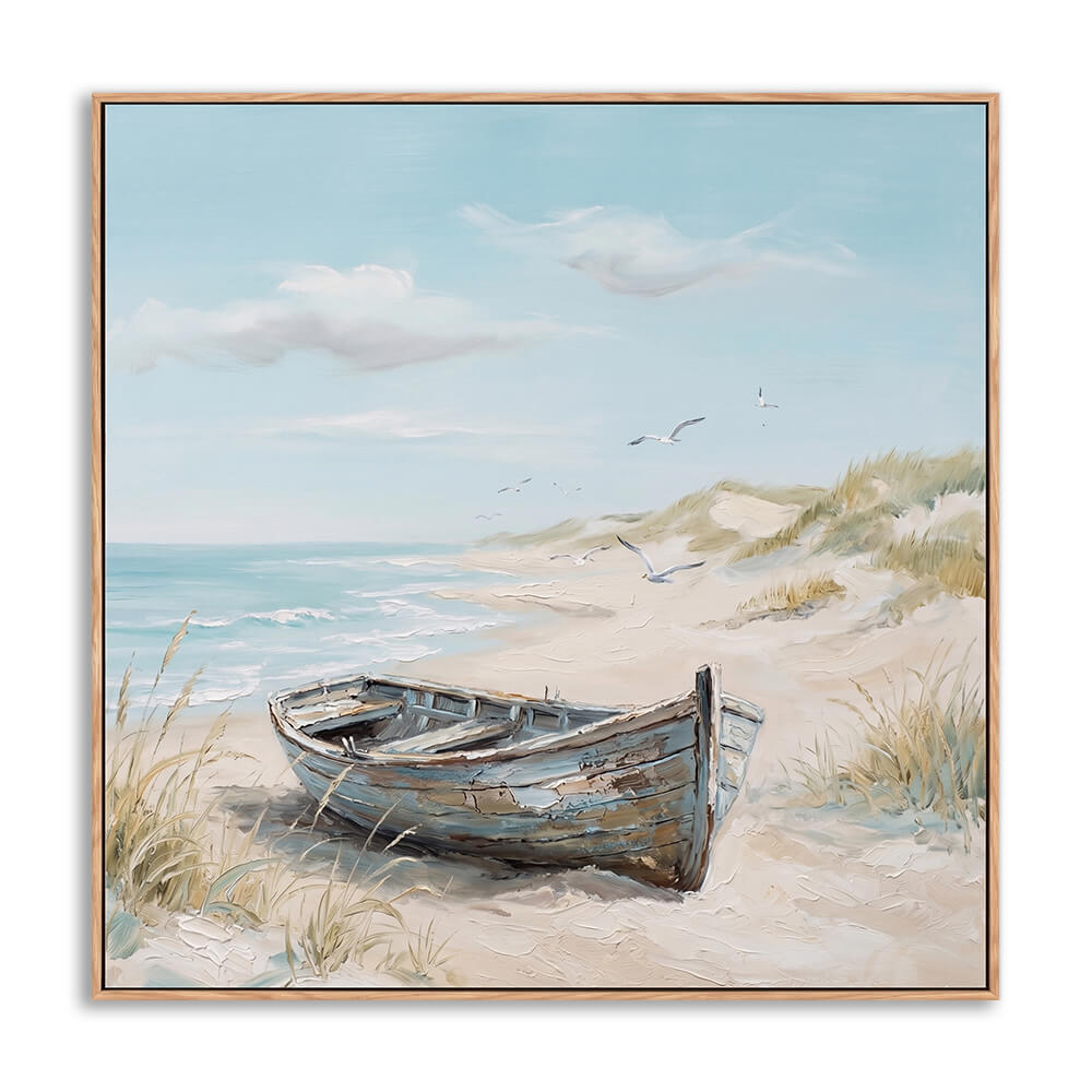 Hand painted beach landscape with weathered wooden boat on sand dunes and seagulls flying