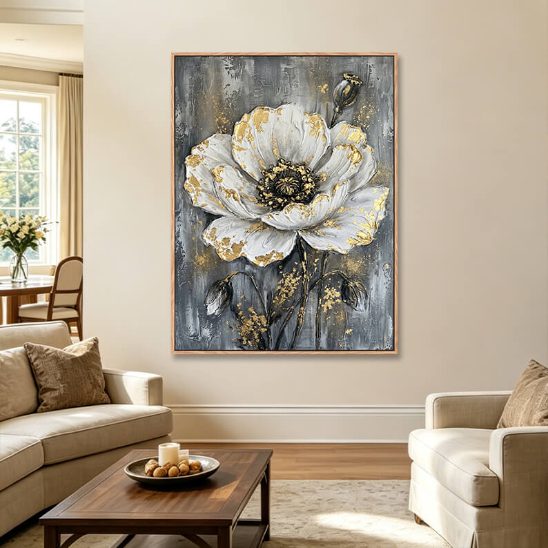 Large vertical textured white poppy painting with gold accents on grey background in elegant living room, heavy impasto statement canvas