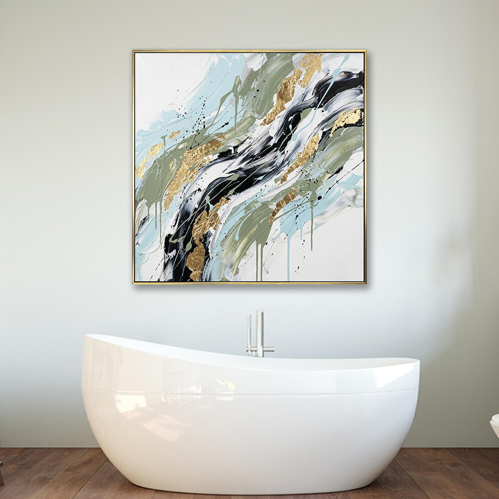 Framed heavy texture sage green gold foil abstract canvas above freestanding tub, minimalist neutral bathroom wall decor with sky blue flowing brush strokes VisualArti