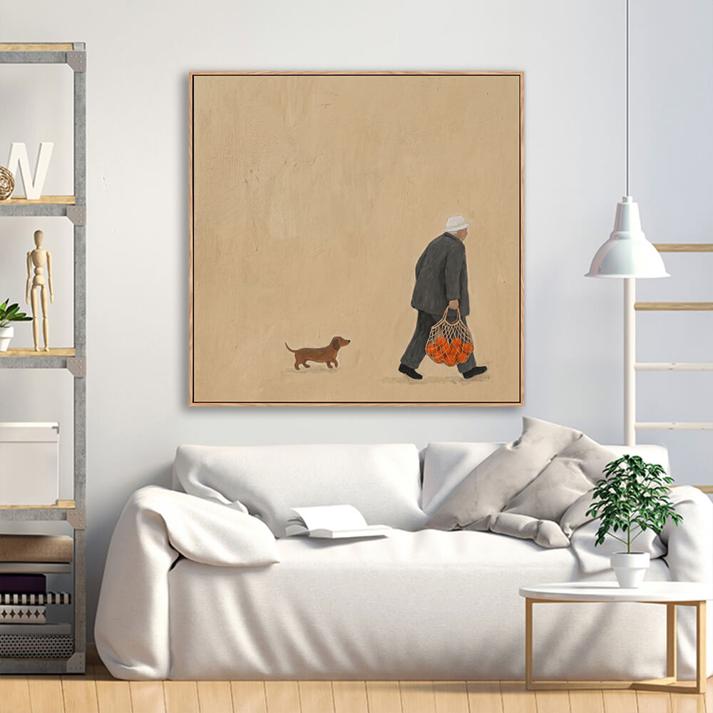 Textured minimalist painting of man with dog and oranges above white sofa