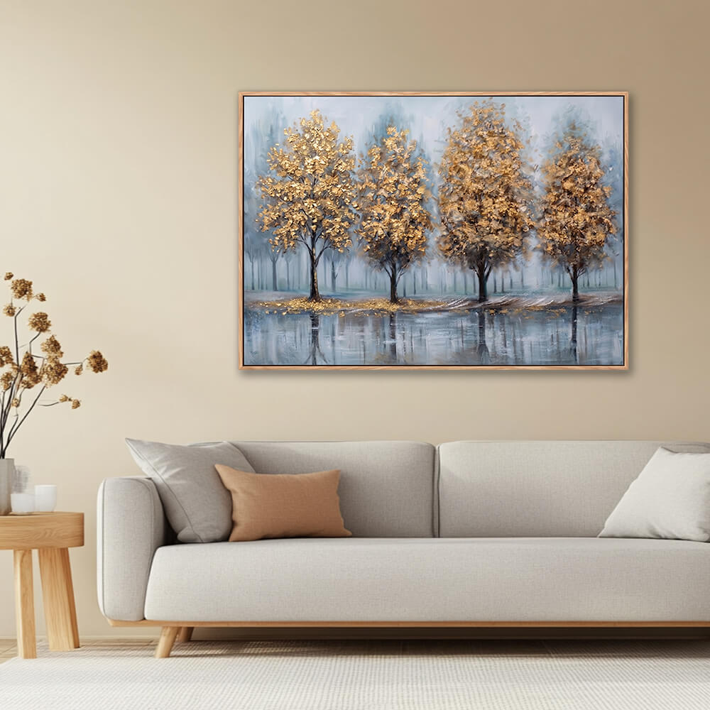 Textured golden trees misty forest painting in warm neutral living room