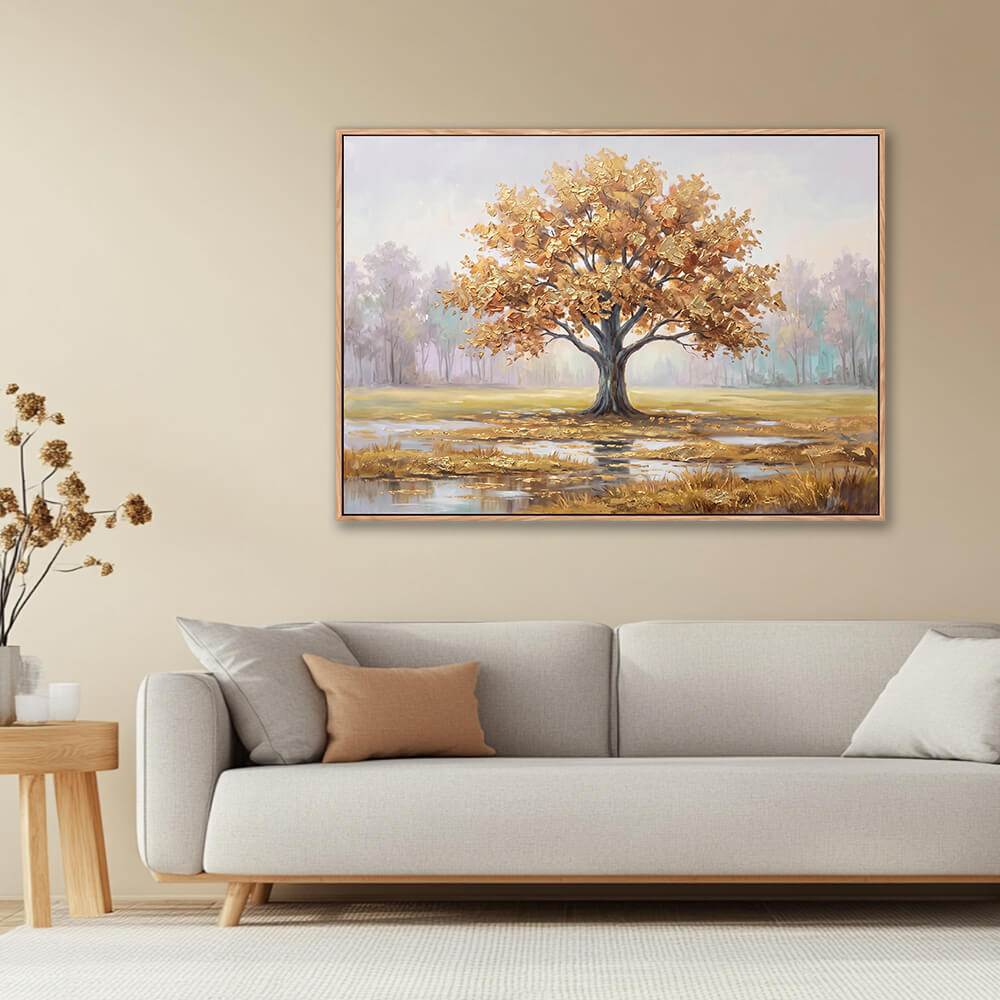 Textured golden Tree of Life misty landscape painting in warm neutral living room