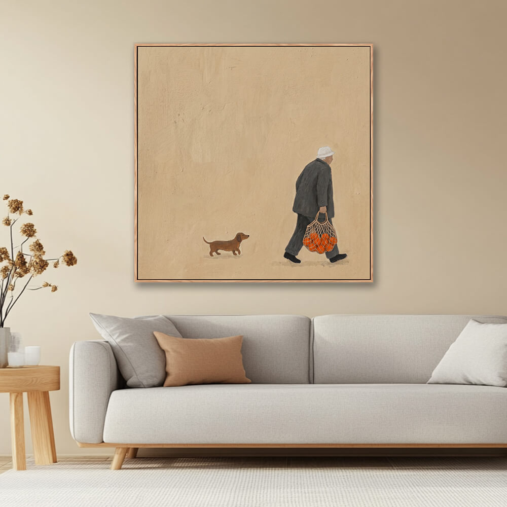 Textured beige minimalist painting of man and dachshund in warm neutral living room