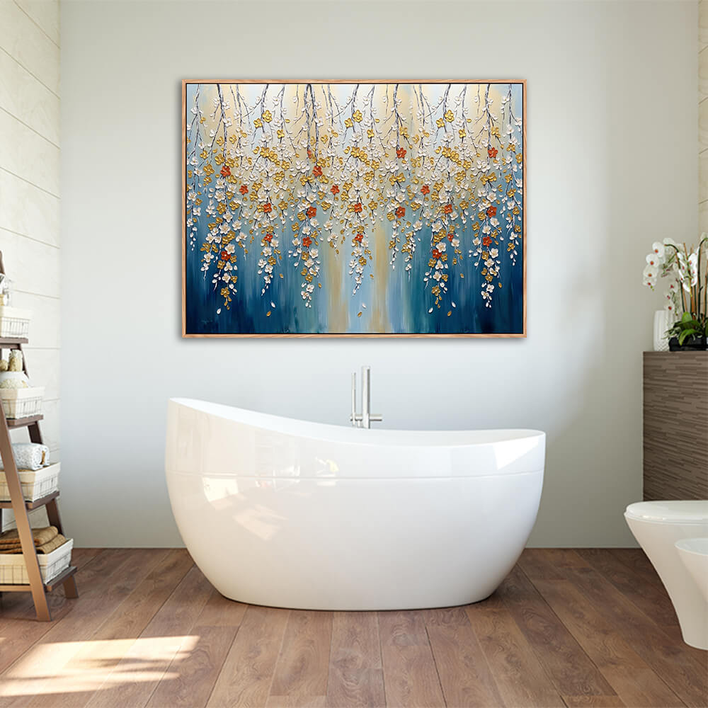 Modern bathroom interior, framed horizontal gradient blue hanging flower wall art, cascading blossom canvas above freestanding bathtub