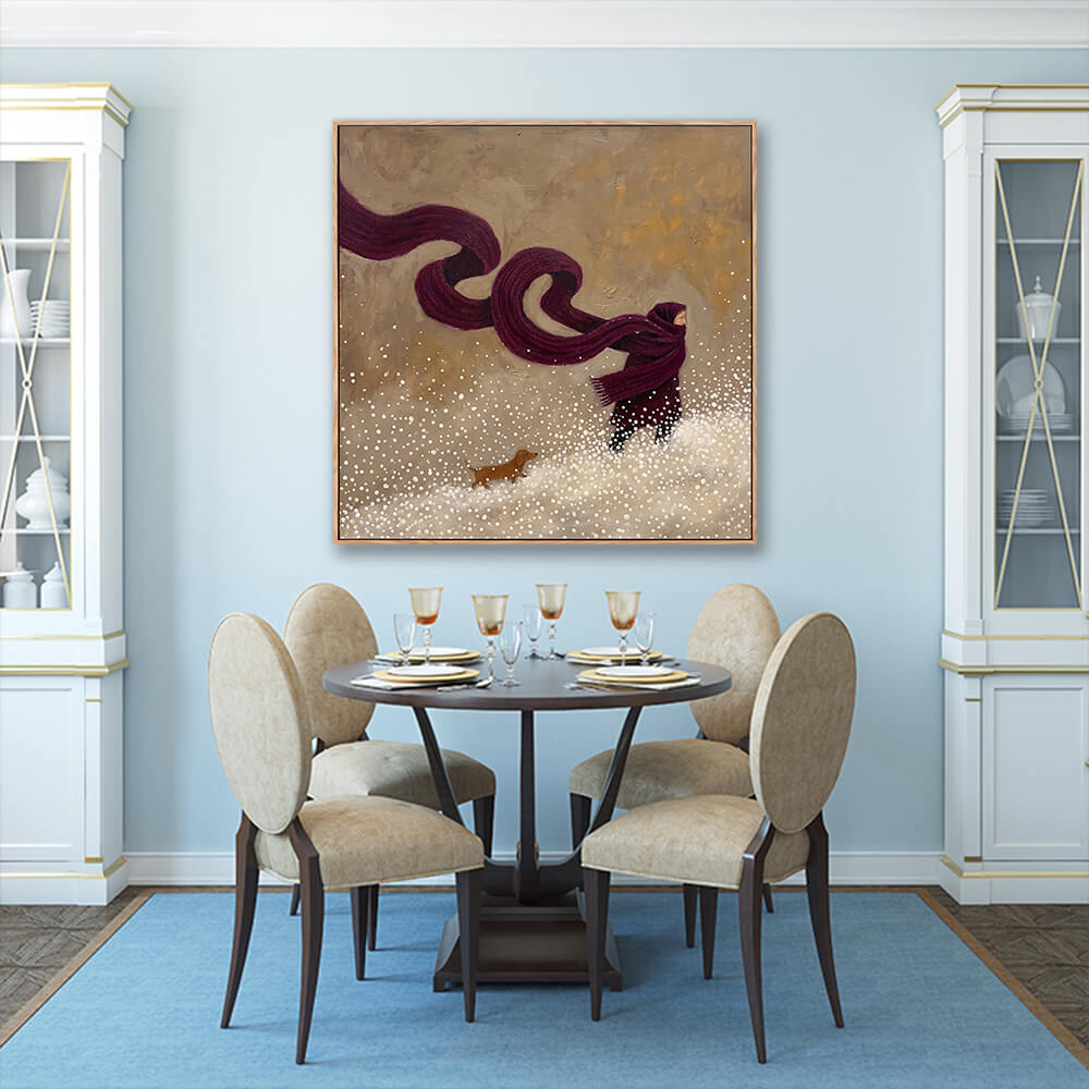 Burgundy scarf winter walk artwork in elegant formal dining room interior