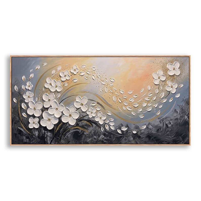 Close-up of a hand-painted palette knife abstract landscape canvas featuring thick 3D impasto white blossoms with gold leaf highlights.