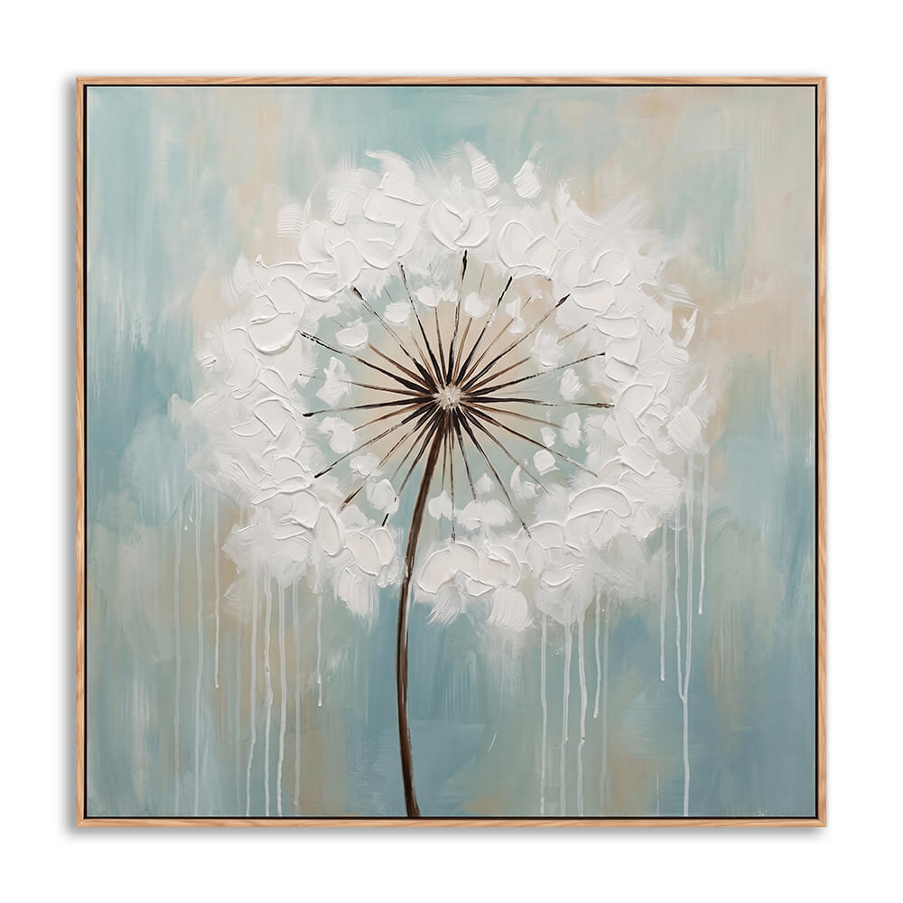Hand painted white dandelion flower with thick textured 3D seeds on blue-gray background