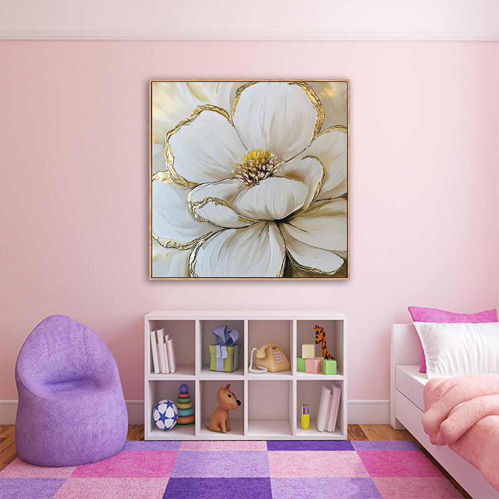 Elegant gold leaf magnolia floral canvas hanging in pink kids nursery with purple bean chair, white cubby toy shelf and colorful checkered rug
