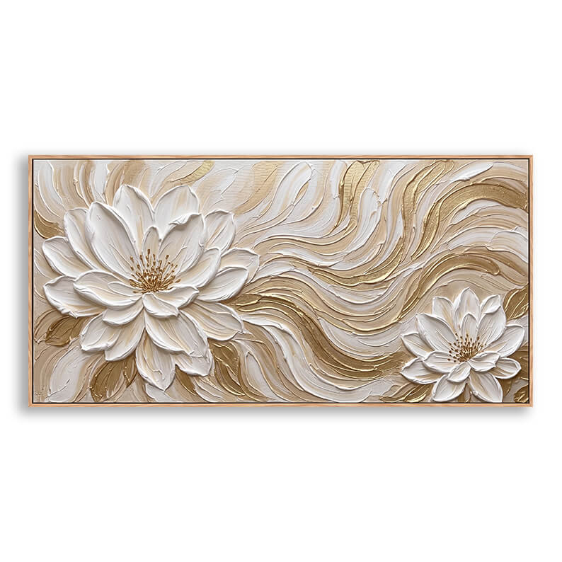 Original hand painted canvas featuring large sculpted white flowers with gold and cream wave texture background, heavy 3D impasto technique, elegant abstract floral artwork for luxury home decor