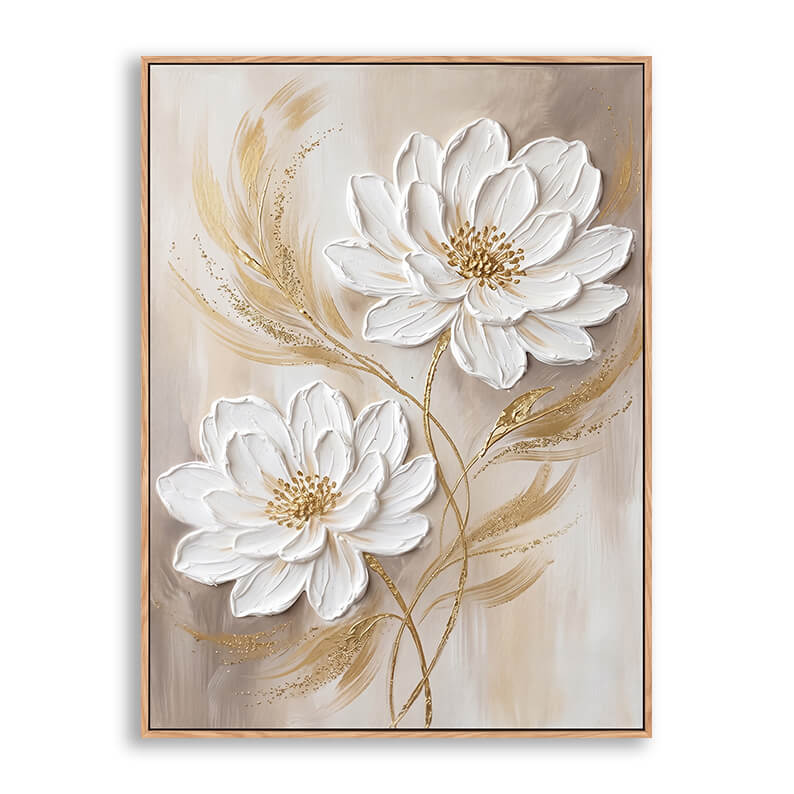 Vertical hand painted canvas featuring two large sculpted white flowers with golden stems on taupe background, heavy 3D impasto texture, elegant neutral floral artwork