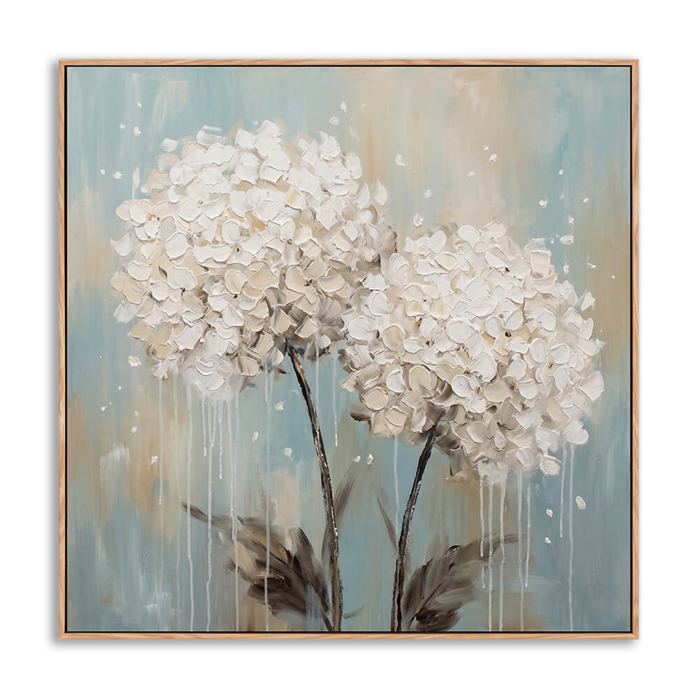Hand painted white hydrangea flowers with thick textured 3D petals on blue-gray background