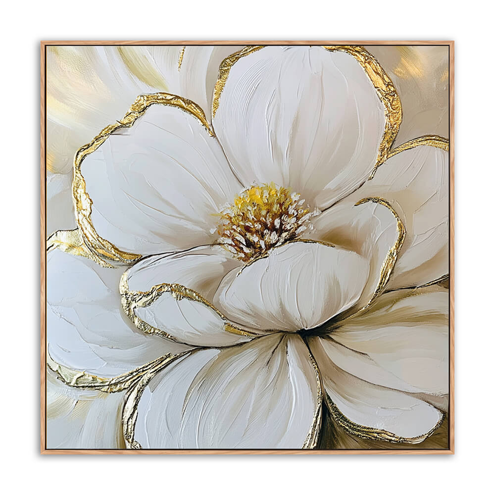 Hand-painted white magnolia canvas, close-up creamy white flower with shimmering gold leaf petal edges and golden stamen, warm soft beige background, light wood floating frame, isolated white background