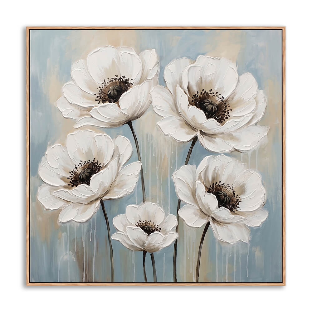 Hand painted five white poppy flowers with thick textured 3D petals on blue-gray background