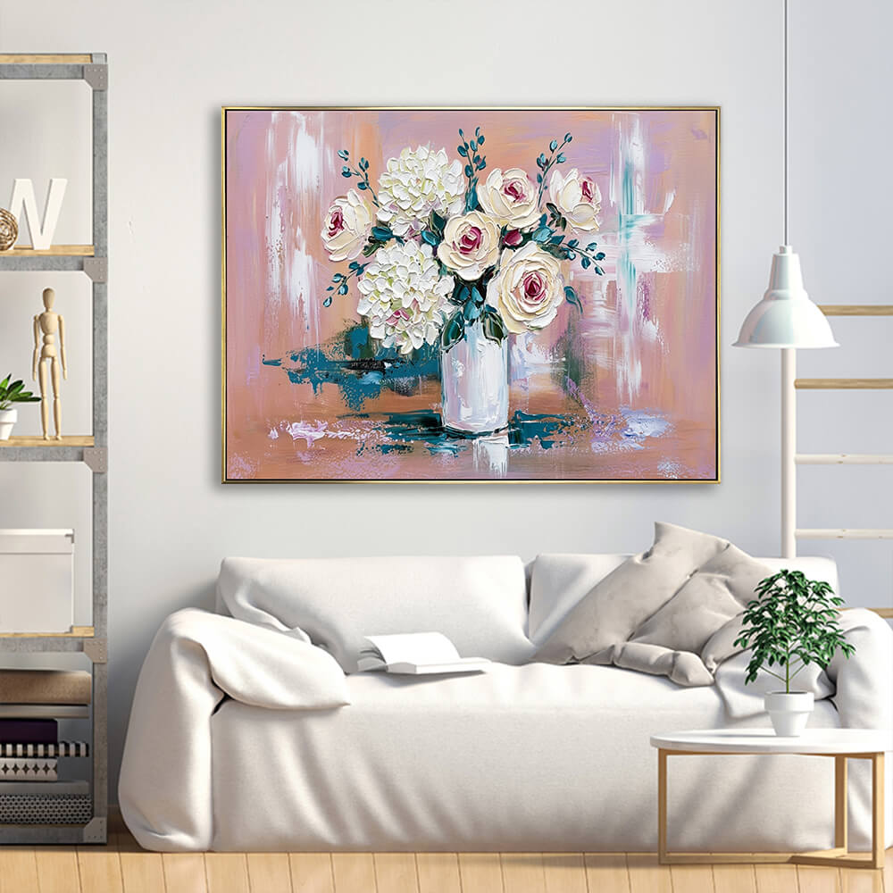 Textured hand-painted flower vase canvas artwork displayed above cream linen sofa in bright minimalist living room