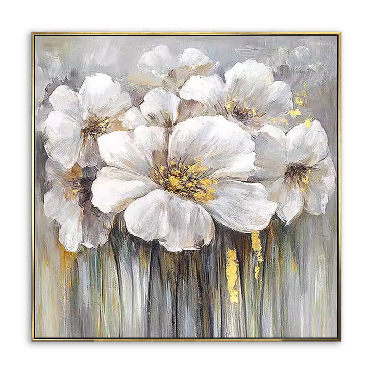 Hand Painted White Floral Canvas Art | Gold Accent Modern Abstract Painting #YX295