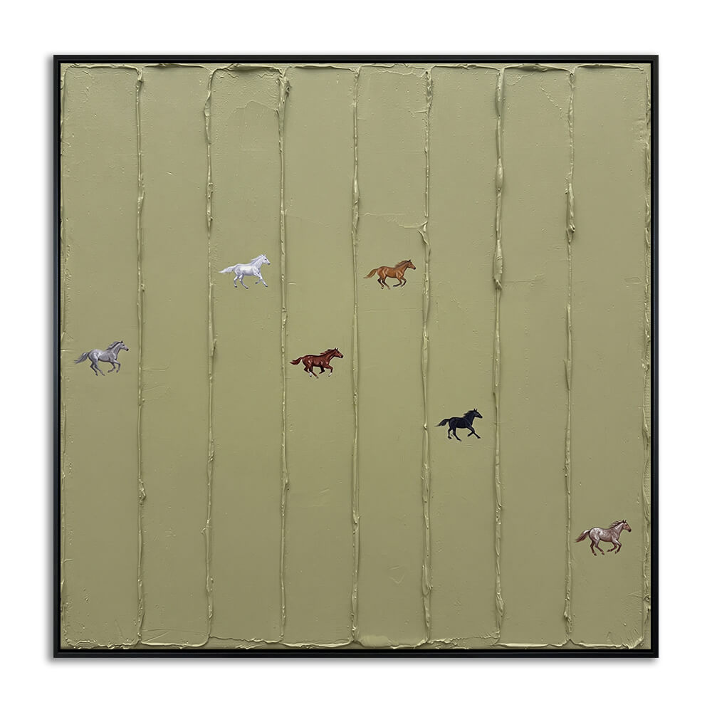 Studio front view of Wild Meadow Run heavy texture hand painted canvas featuring multiple running horses on a vertical-ridged sage green background.