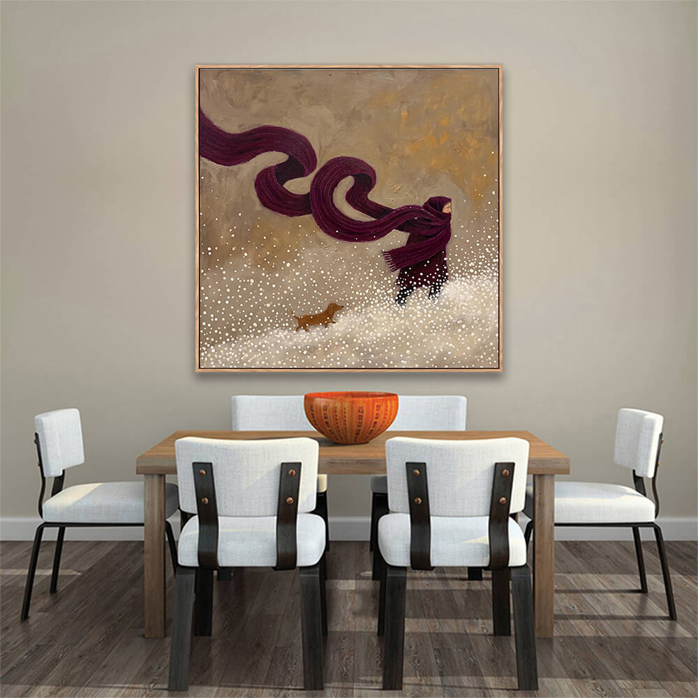 Hand painted winter walk with dog artwork above dining table in modern dining room