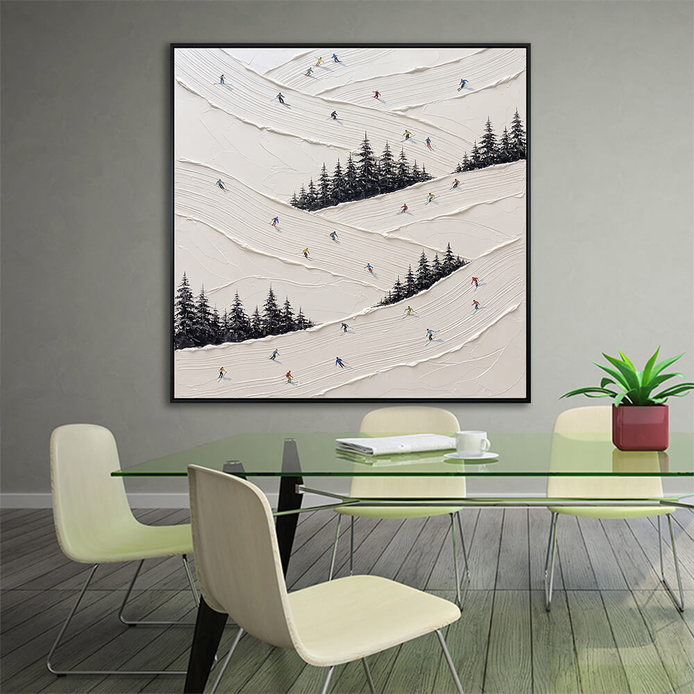 Interior styling view of Snowy Slalom winter slopes motion decor artwork hanging in a modern dining room above a glass-topped table set with chairs