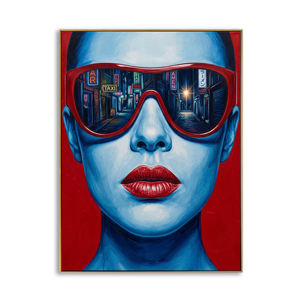 Hand-painted modern pop art canvas, close-up portrait of bald blue skin woman with oversized red sunglasses, neon city street taxi signs reflected in lenses, solid bright red background, thin gold floating frame, isolated white background