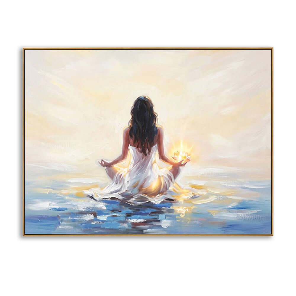Hand-painted contemporary impressionism seascape canvas, back view woman meditating on sunrise ocean with glowing lotus, thin gold frame, isolated white background